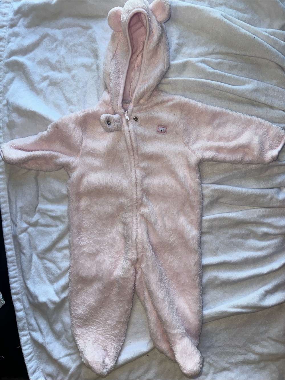 First Impressions Plush Hooded Bear Ears Footed One-Piece in Pale Pink